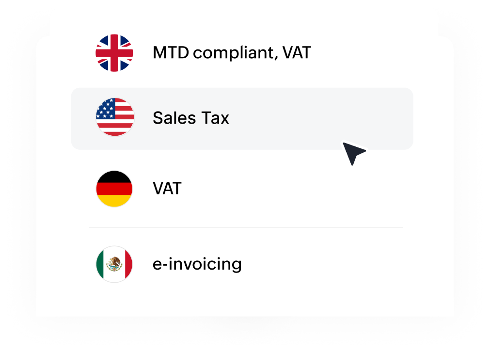A list of four tax compliance options with country flags: UK, India, Germany, and Mexico.