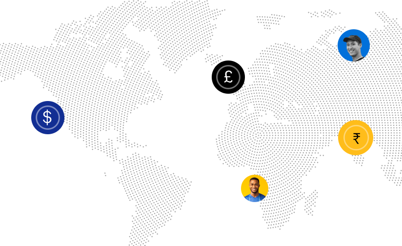 llustration of a world map with multiple currency symbols pinned at respective locations.