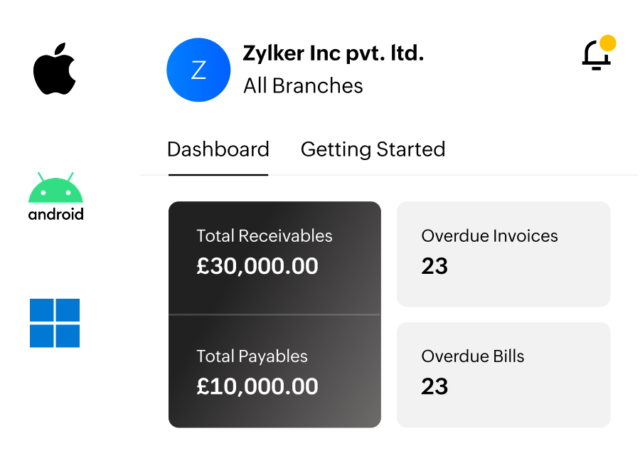 Mobile app dashboard showing receivables, payables, and overdue items with Apple, Android, and Windows icons.