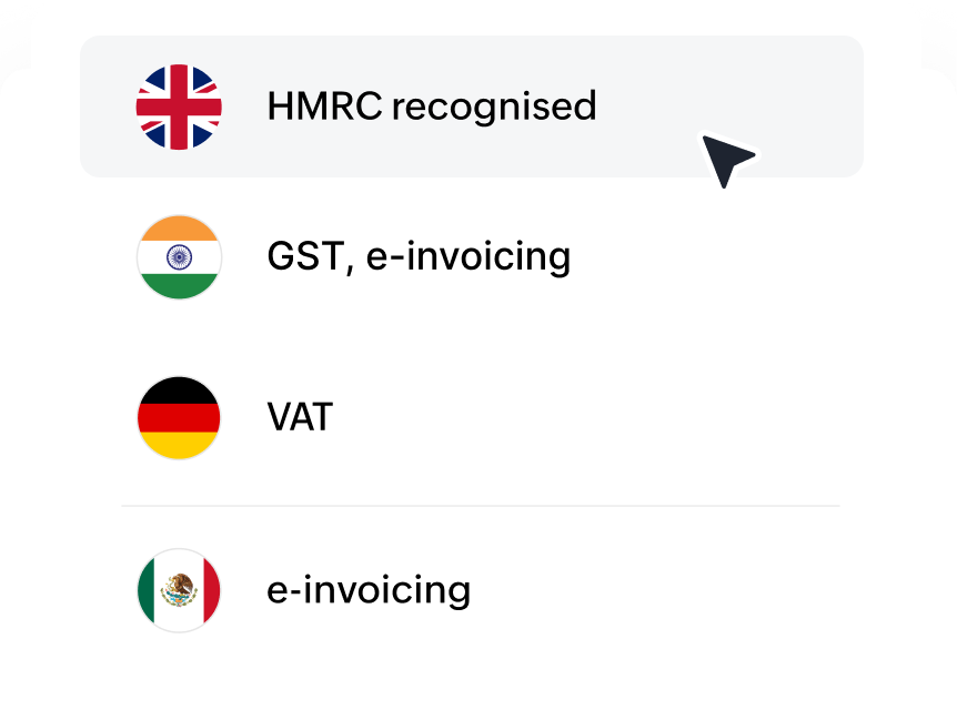 A list of four tax compliance options with country flags: UK, India, Germany, and Mexico.