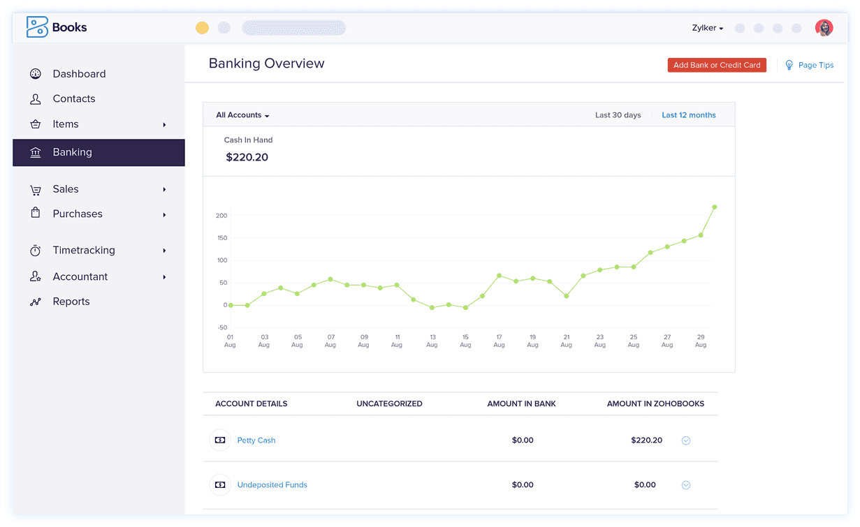 Tableau de bord bancaire – Logiciel de rapprochement automatisé des comptes | Zoho Books