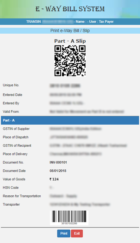 SAMPLE PRINTED e-WAY BILL