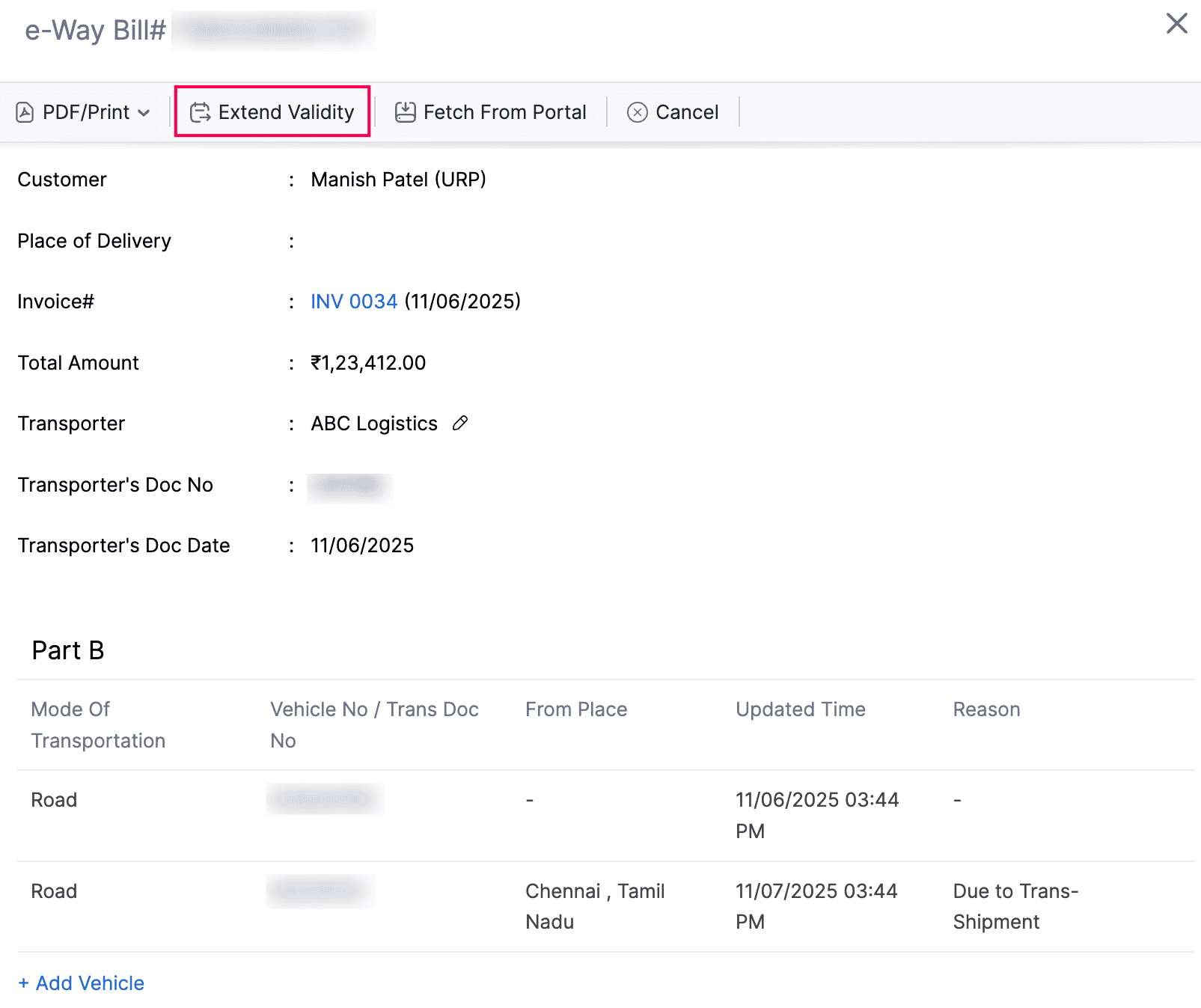 Extend e-Way Bill Validity