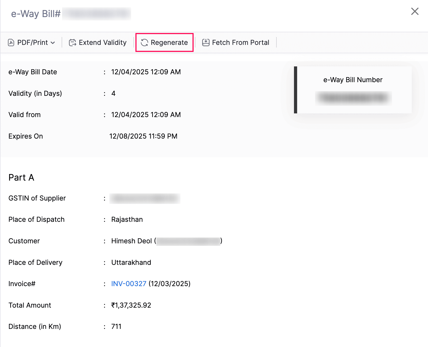 Regenerate e-Way Bill