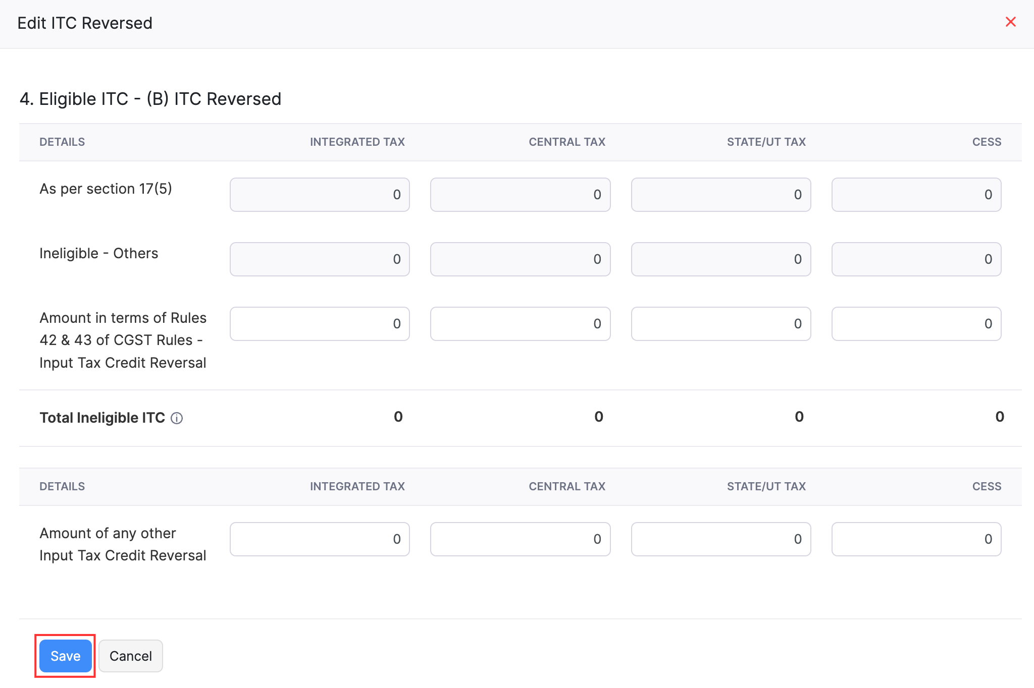 Edit ITC Reversed table