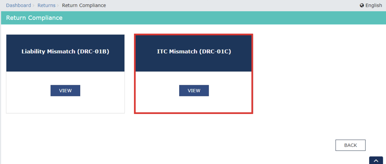 Click View in the ITC Mismatch (DRC-01C) Card