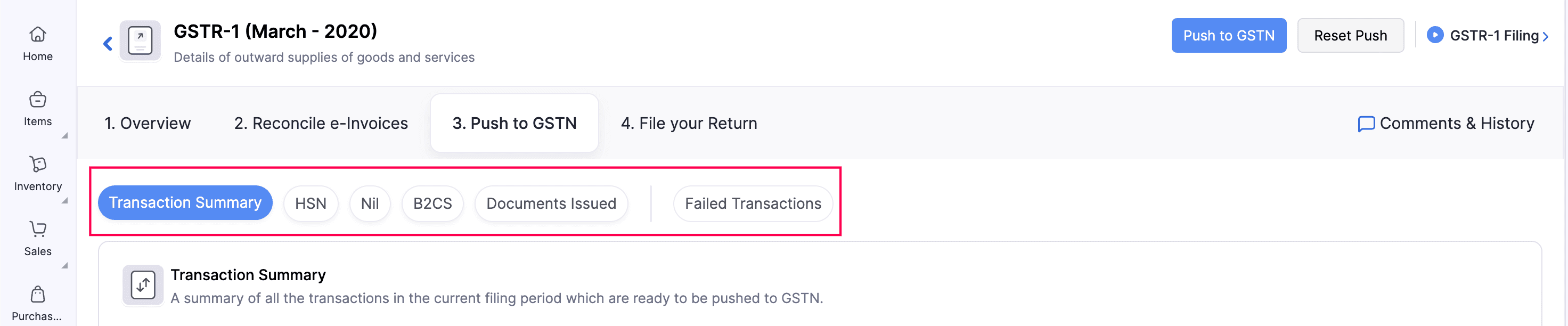 Transaction Summary of GSTR-1