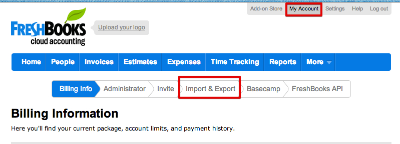 FreshBooks Import Export Page