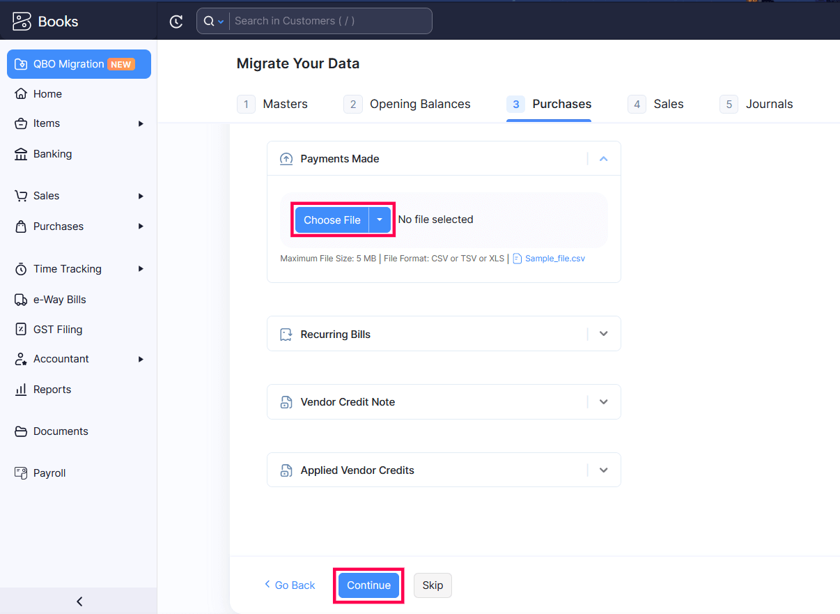 Upload data in the Purchases page
