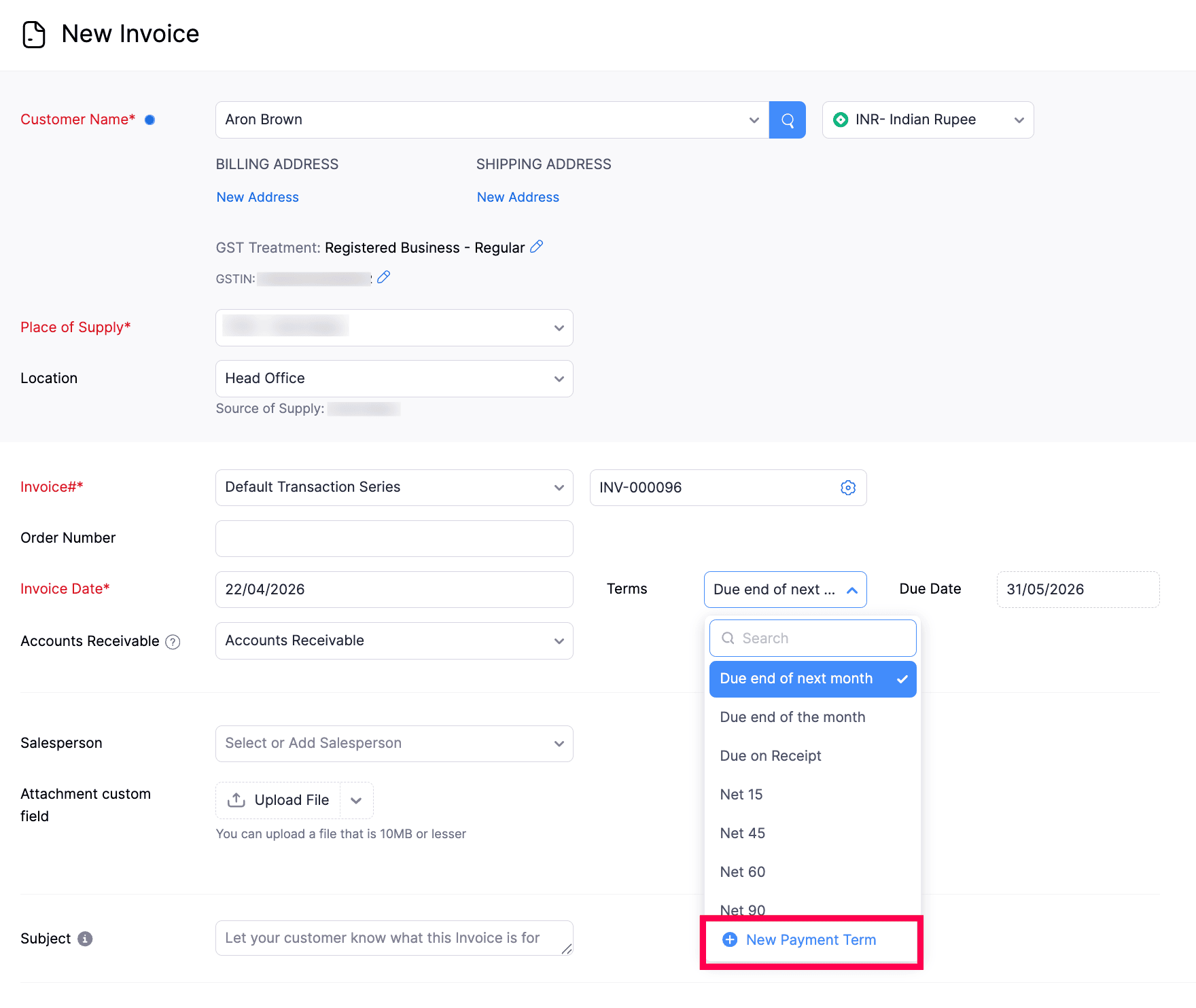 Invoice Terms Dropdown