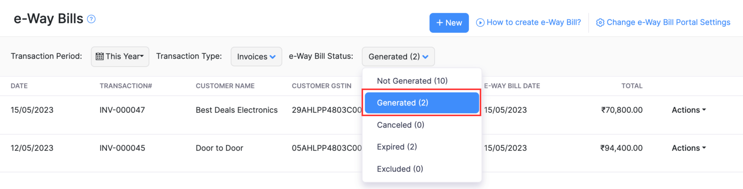 Select Generated from the E-Way Bill Status dropdown