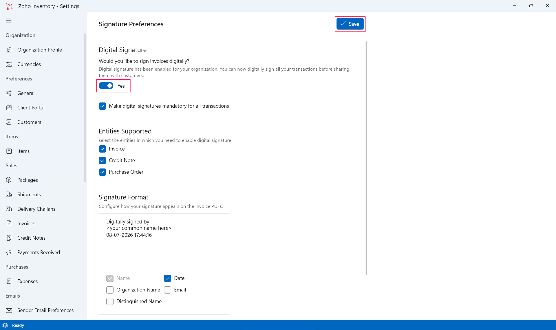 Enable digital signature and configure entities in the Windows application