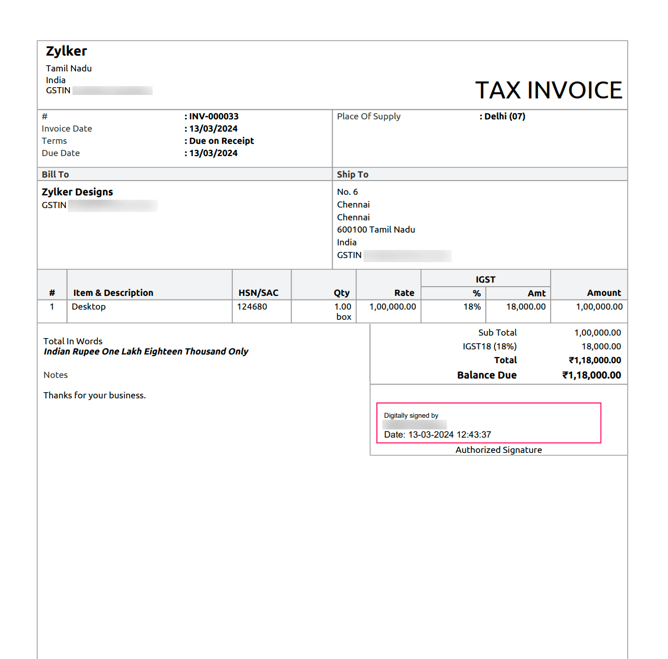 Digital signature displayed at the bottom of the invoice PDF