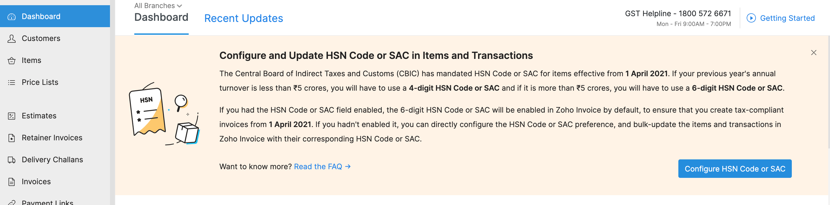 Configure HSN Code or SAC
