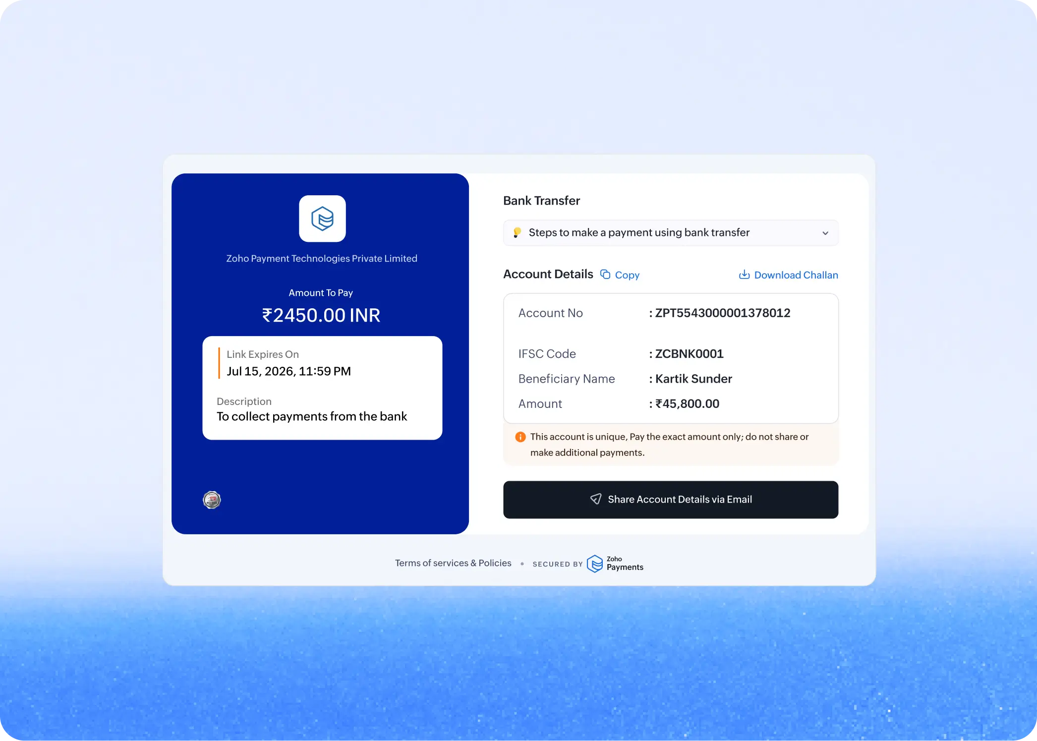 Zoho Payments bank transfer checkout showing account details with account number, IFSC code, beneficiary name, amount, and a pay securely button