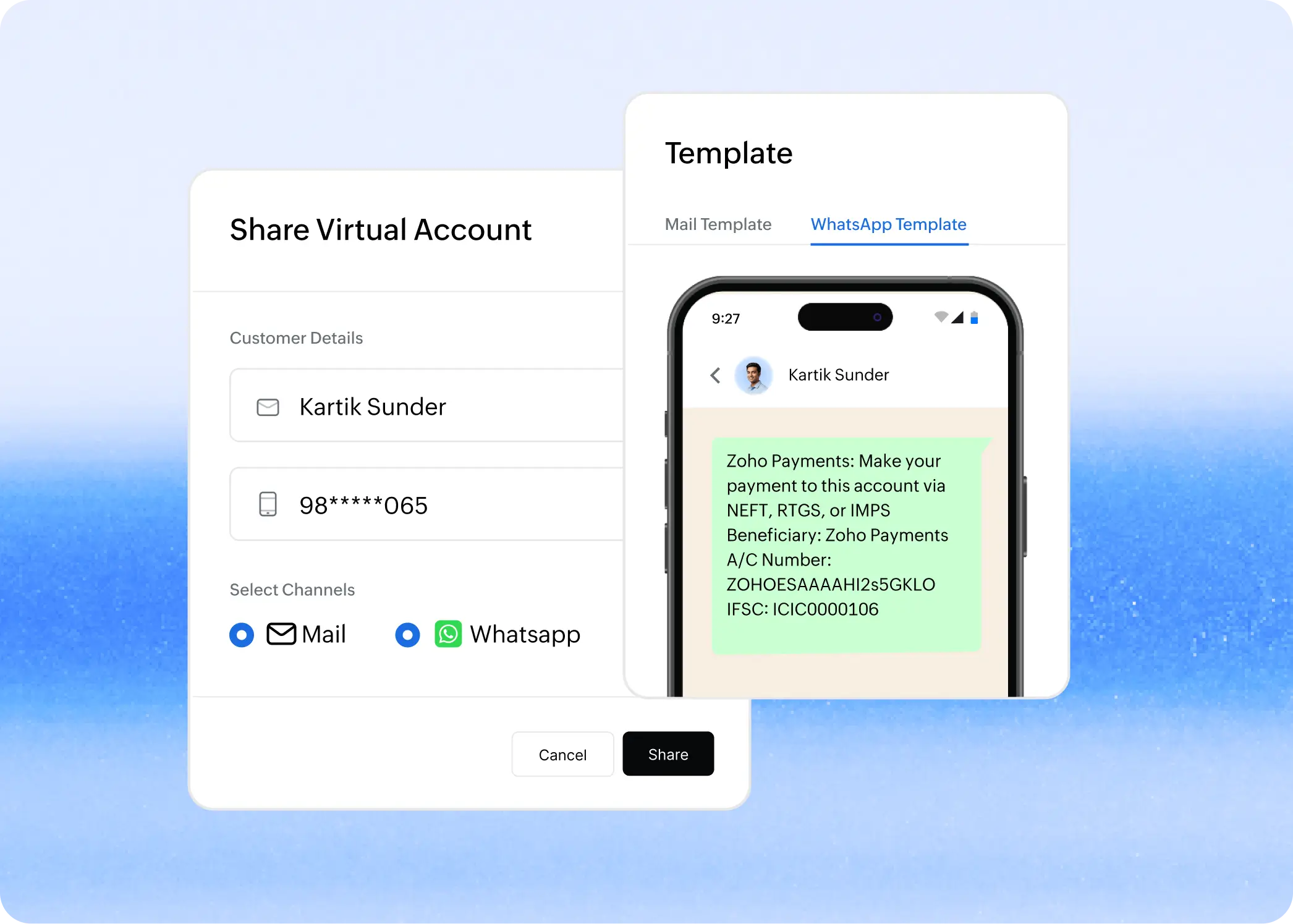 Share virtual account dialog with mail and WhatsApp channel options, next to a WhatsApp message template containing the account details sent to a customer