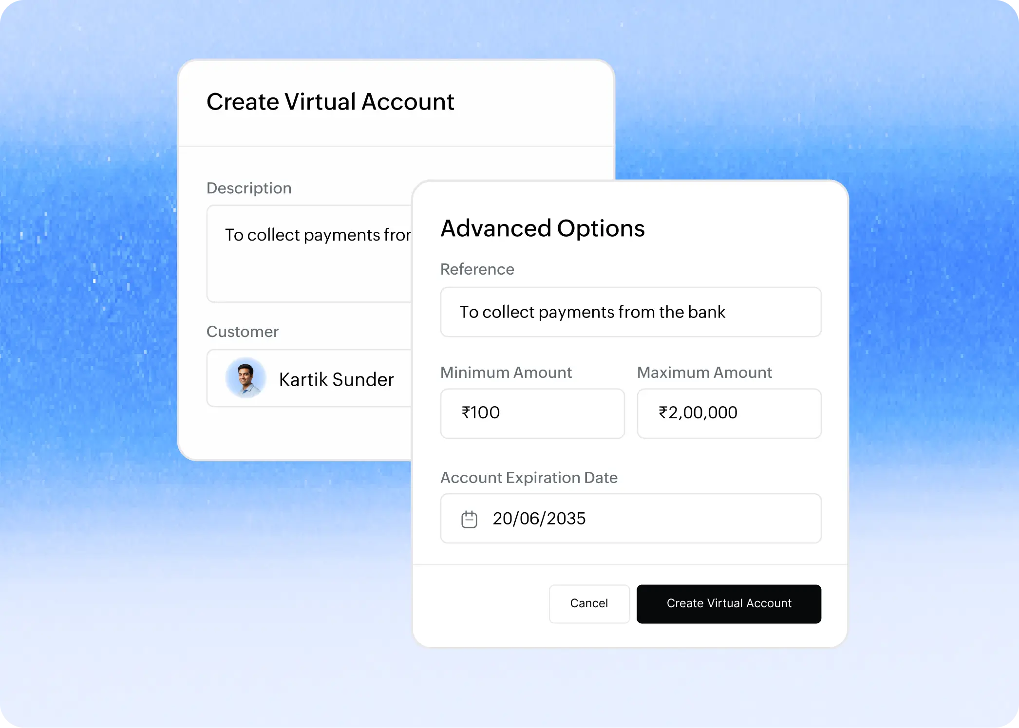 Advanced options form for a virtual account with fields for reference, minimum and maximum amounts, and account expiration date