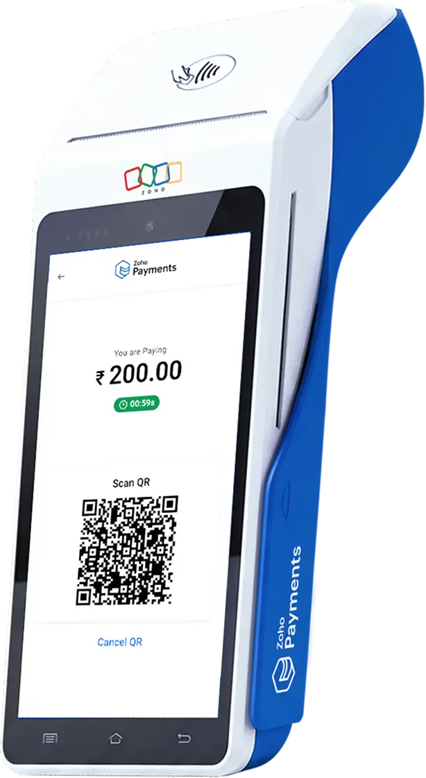All-in-One Android POS showing a UPI QR code on screen for a ₹200 payment
