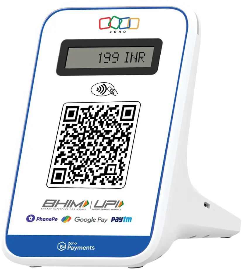 POS Mini countertop device displaying a UPI QR code with BHIM UPI, PhonePe, Google Pay, and Paytm support