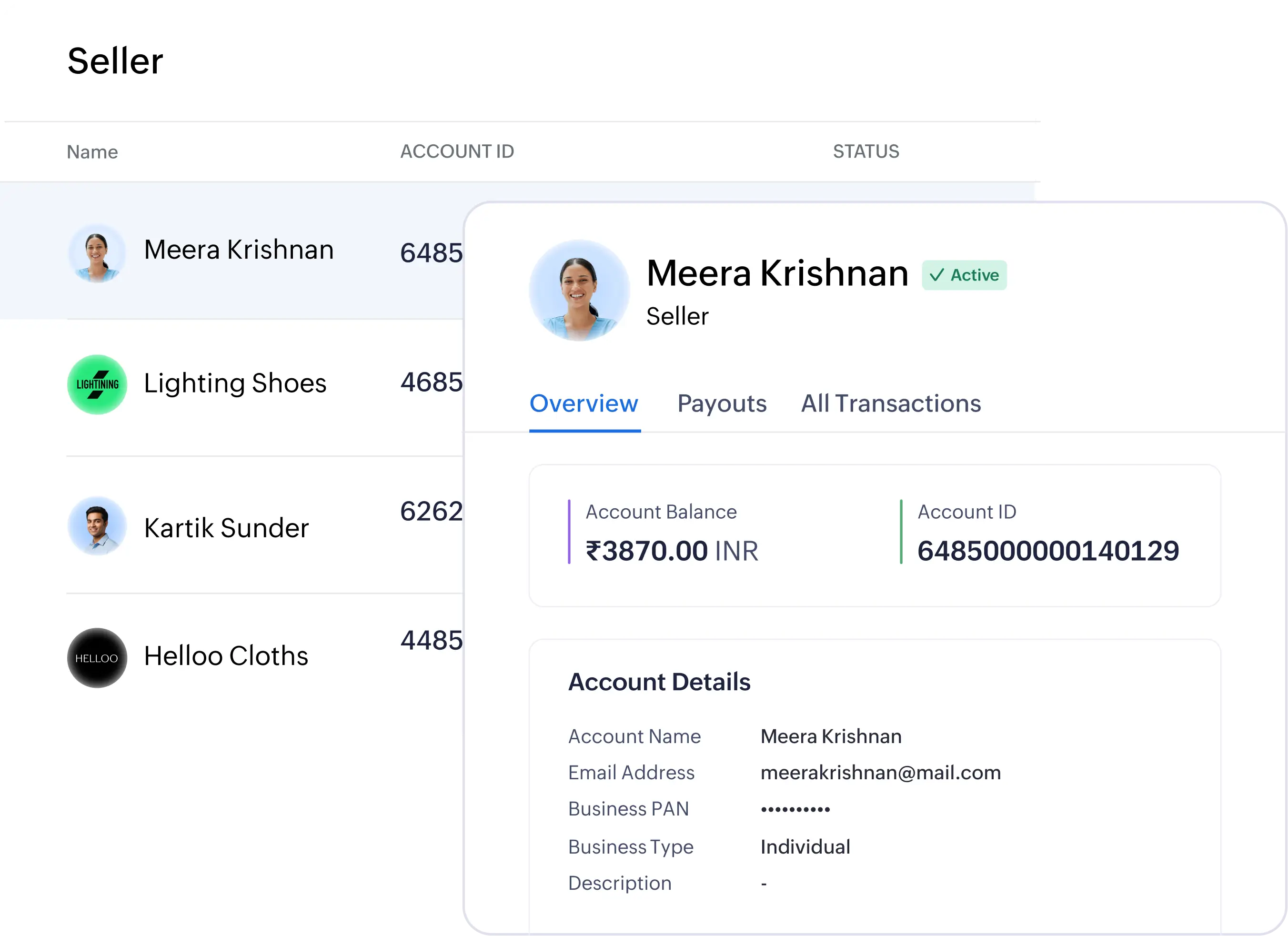Funds routing interface showing payment distribution to multiple seller accounts