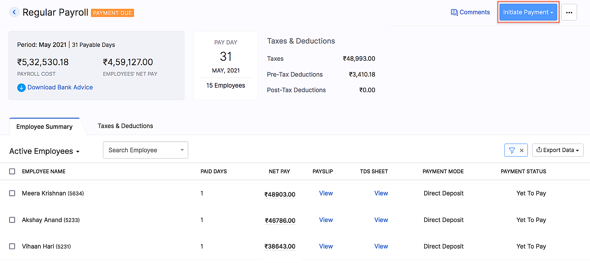 Initiate HSBC payment in Zoho Payroll