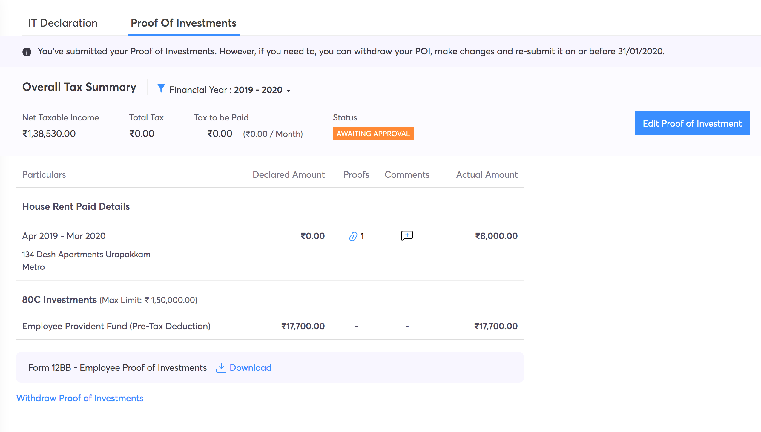 Employee Portal Investment Proofs Zoho Payroll