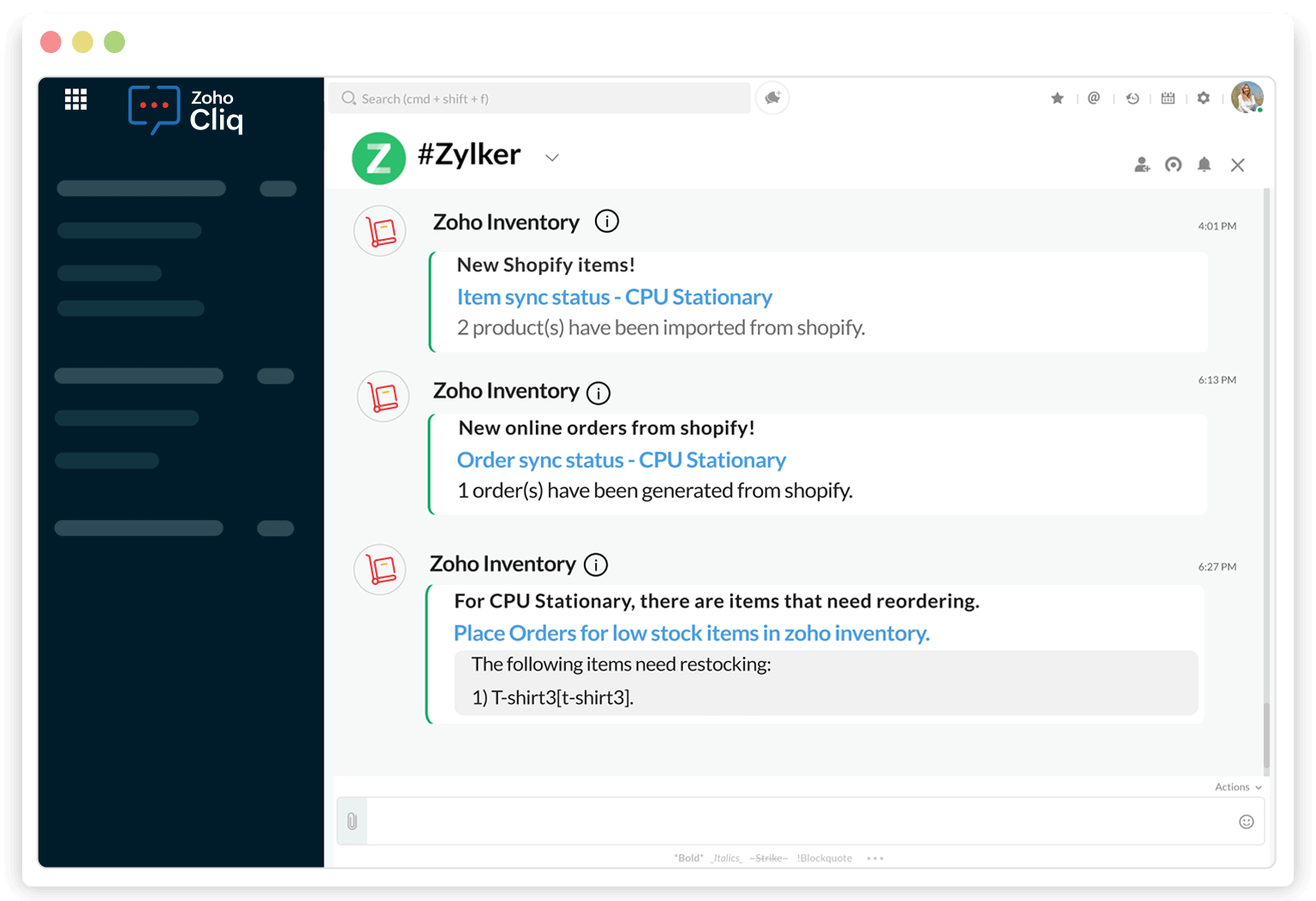 Zoho Inventory Zoho Cliq Integration