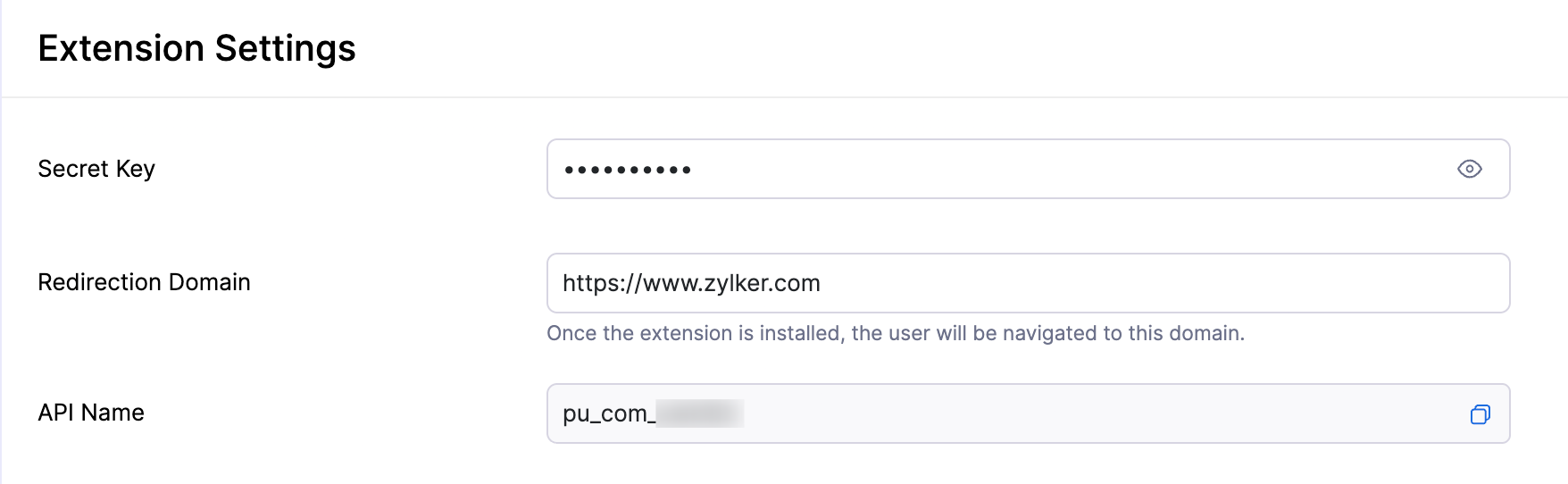 The Extension Settings pop-up. Click the Copy icon next to API Name to copy it.