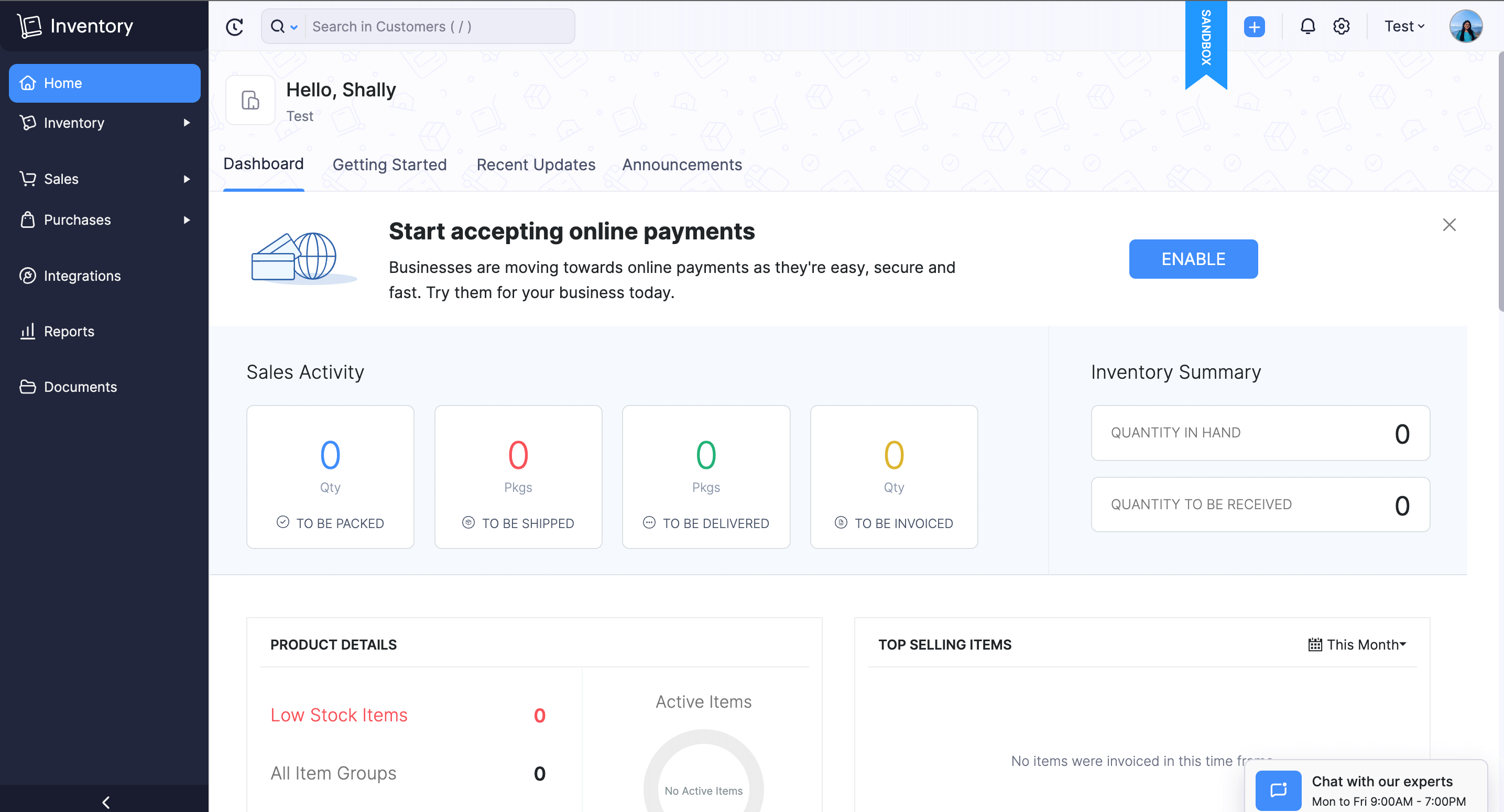 Zoho Inventory sandbox environment