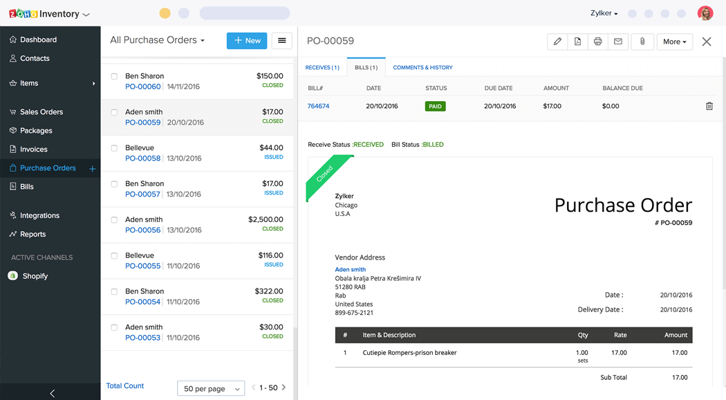 Purchase order and Billing - Zoho Inventory