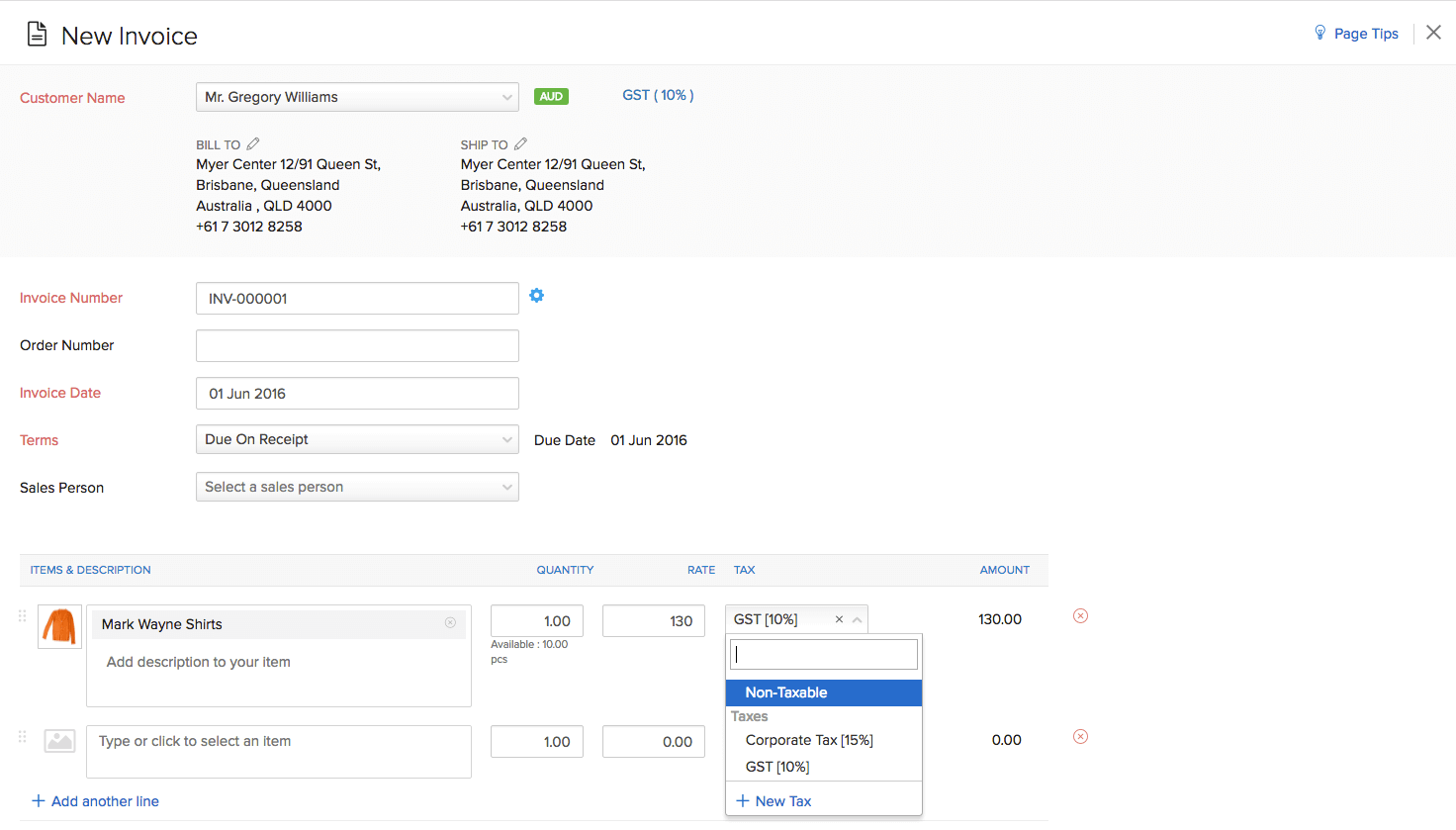 Non-Taxable Item in Invoice