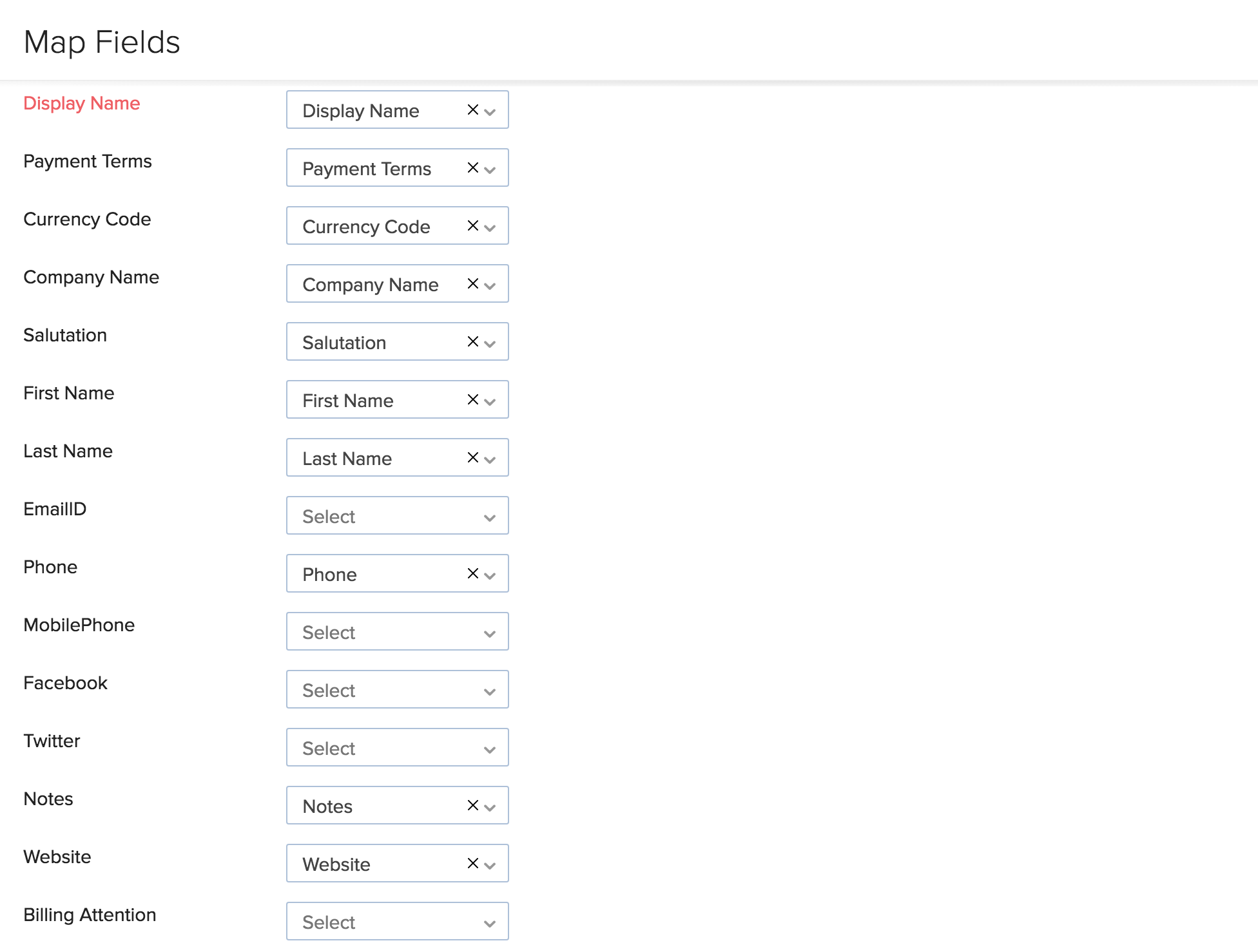 Image of the contacts mapping fields page