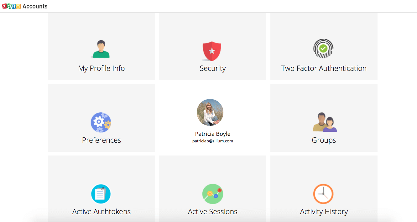 Zoho Account Page