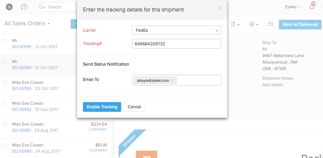 Pop-up window to enter the tracking details