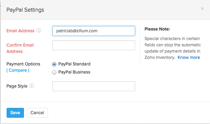 screen shot of paypal setup page