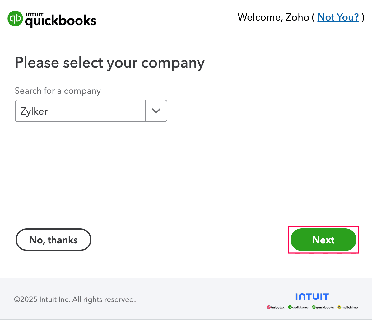 Select organization in QuickBooks