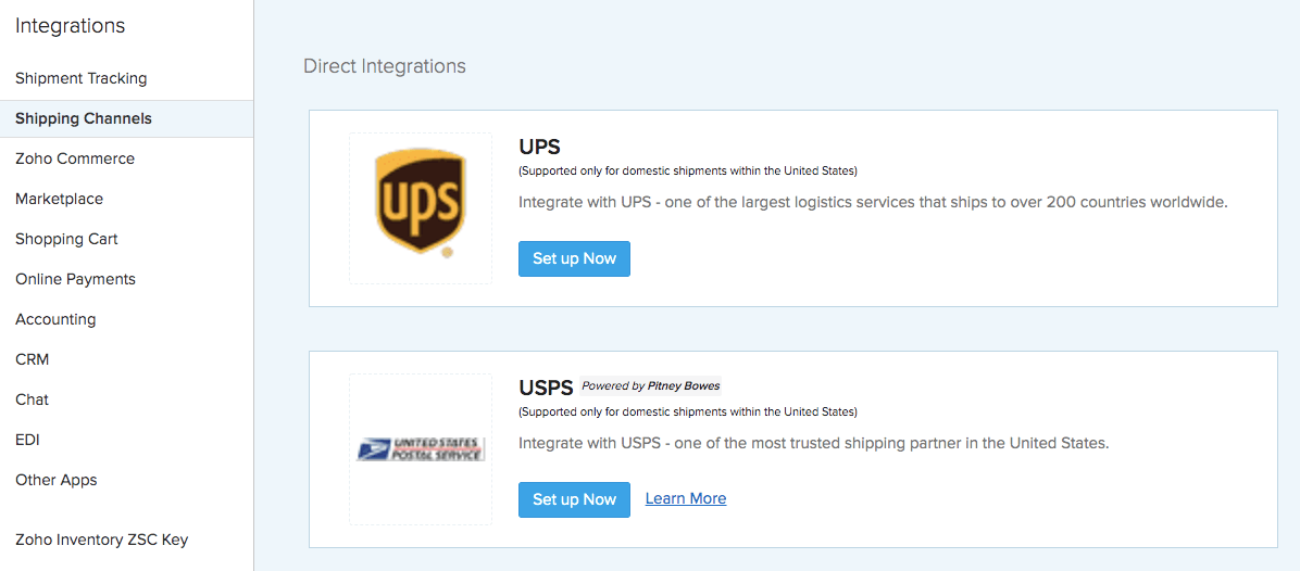 USPS Integration page in Zoho Inventory