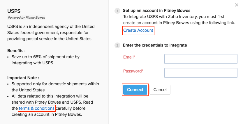 USPS Integration page in Zoho Inventory
