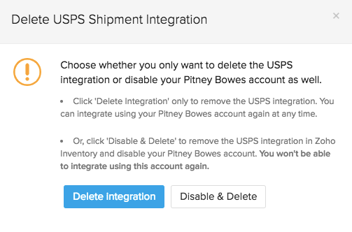 USPS Integration page in Zoho Inventory