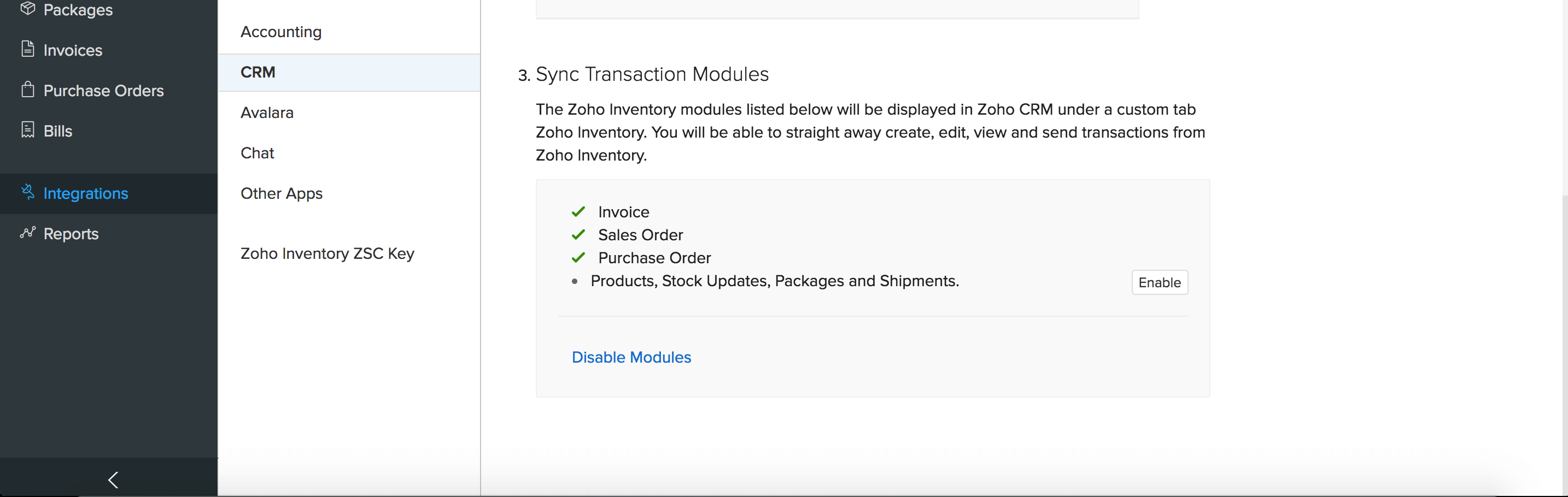 Image after enabling Zoho Books modules in crm