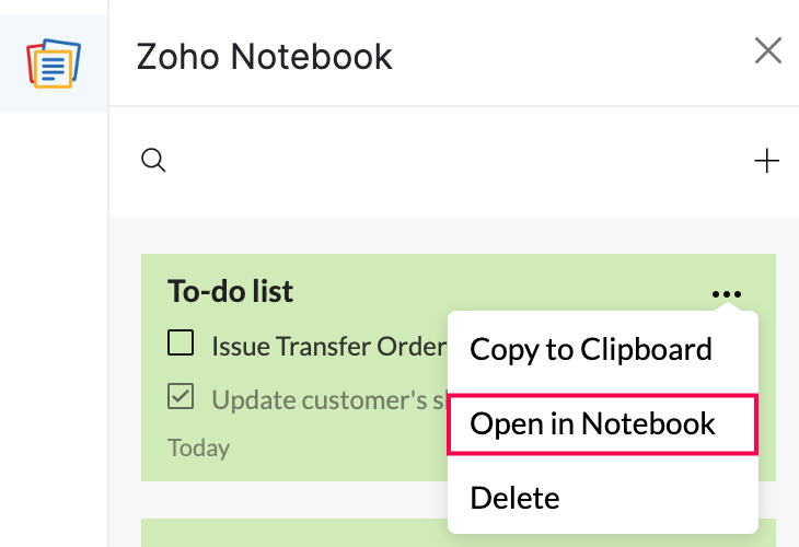 Click Open in Notebook to open the card in Zoho Notebook