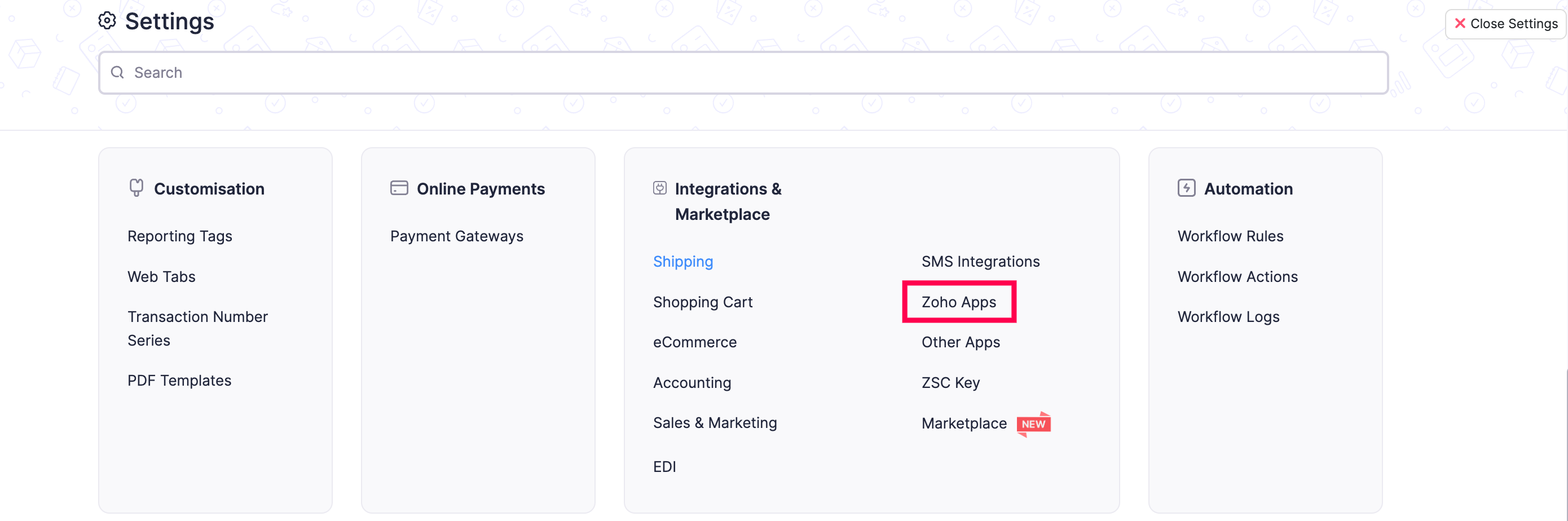 Select Zoho Apps under Integrations