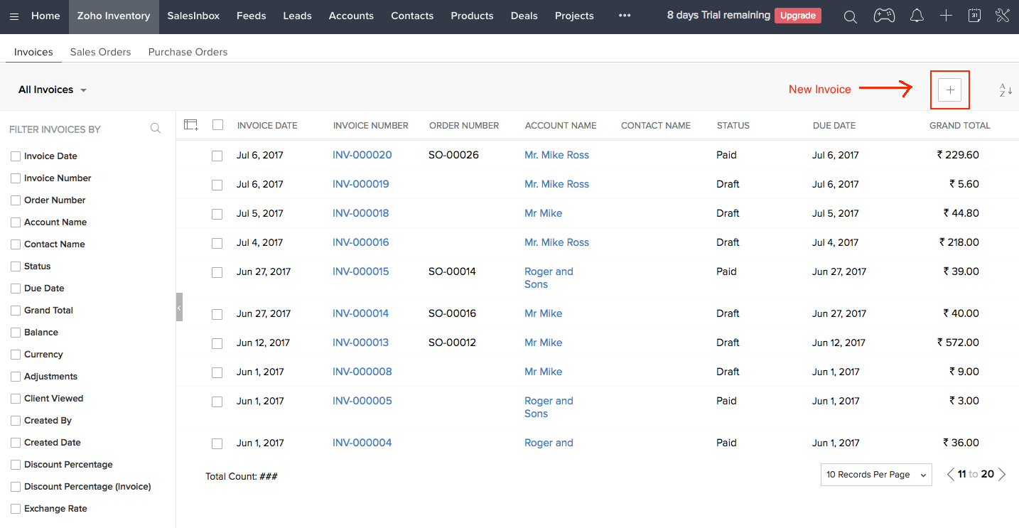 Invoice tab in Zoho CRM