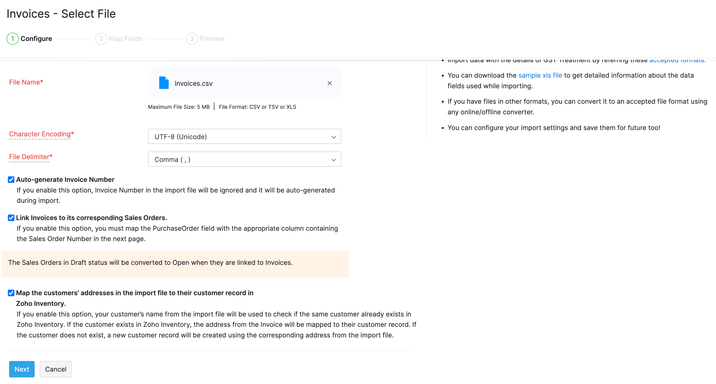 Invoice Import - Uploading file