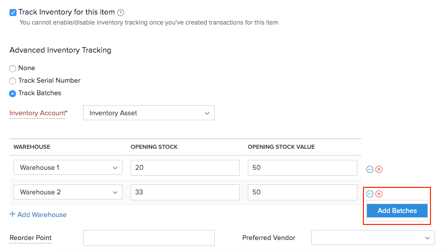 Add batch numbers to the opening stock of an item