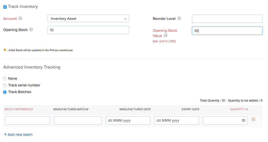 Batch tracked item creation