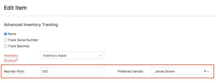 Set reorder level and preferred vendor