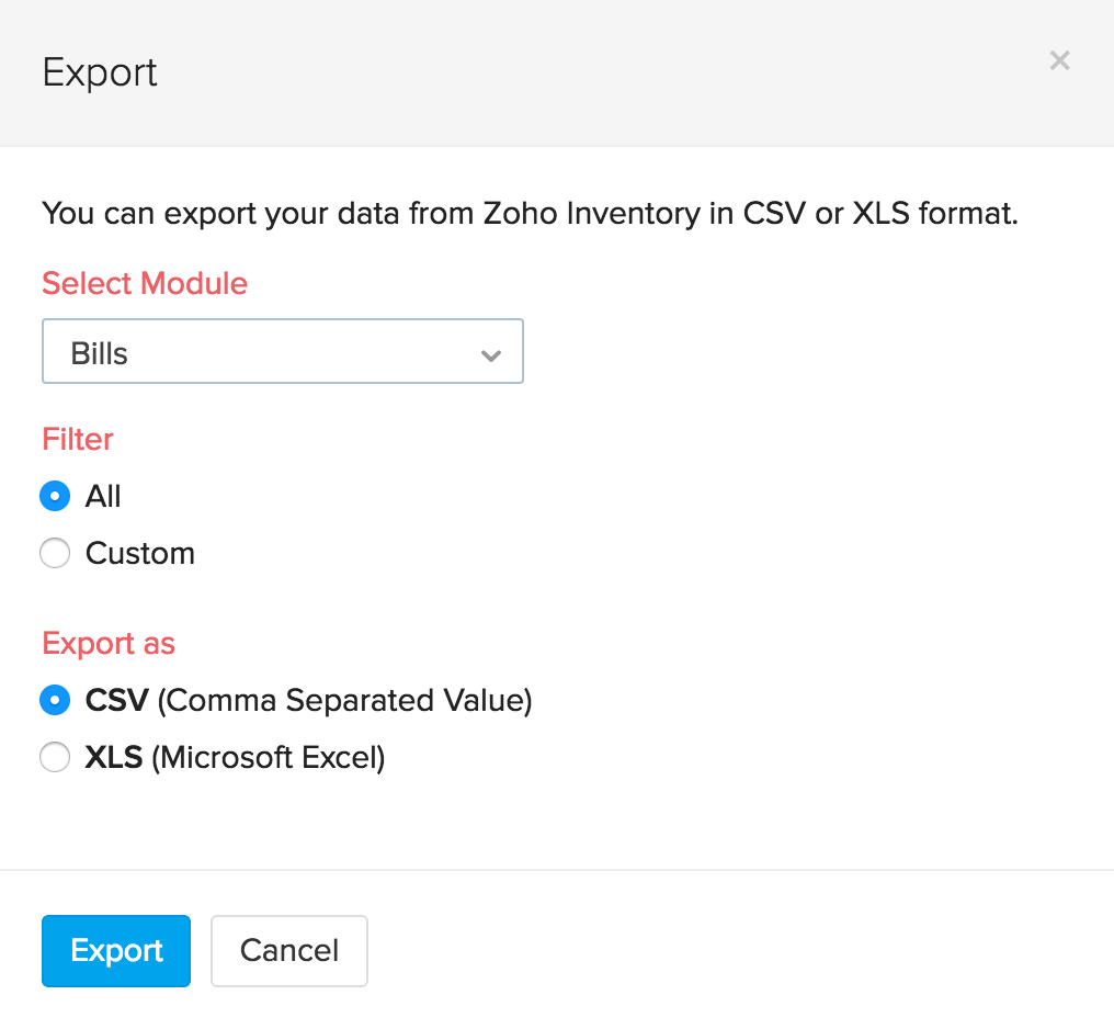 Screen shot of the export bills page