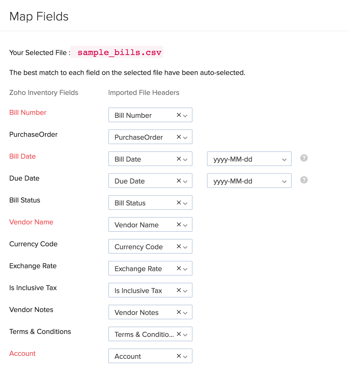 screen shot of mapping fields page