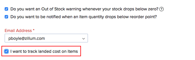 Enabling landed cost feature in Zoho Inventory
